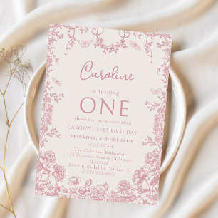 Pink Toile Floral Chinoiserie 1st Birthday Invitation