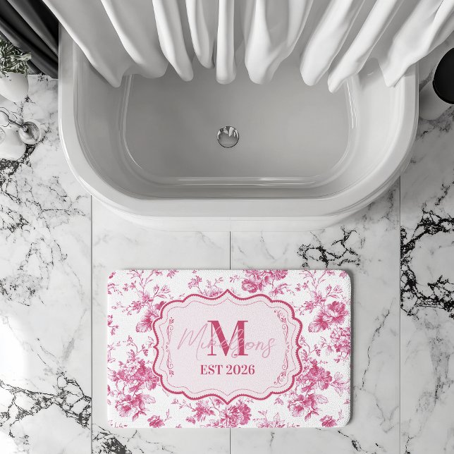 Pink Toile Floral Monogram Home Decor Bath Mat (Creator Uploaded)