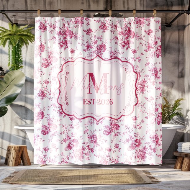 Pink Toile Floral Monogram Shower Curtain (Creator Uploaded)