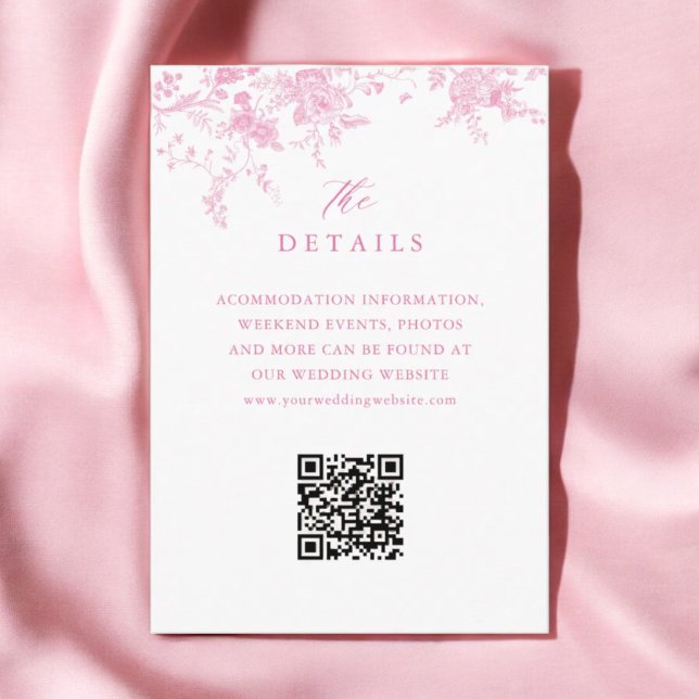 Pink Toile French Floral Wedding Details QR Enclosure Card (Creator Uploaded)