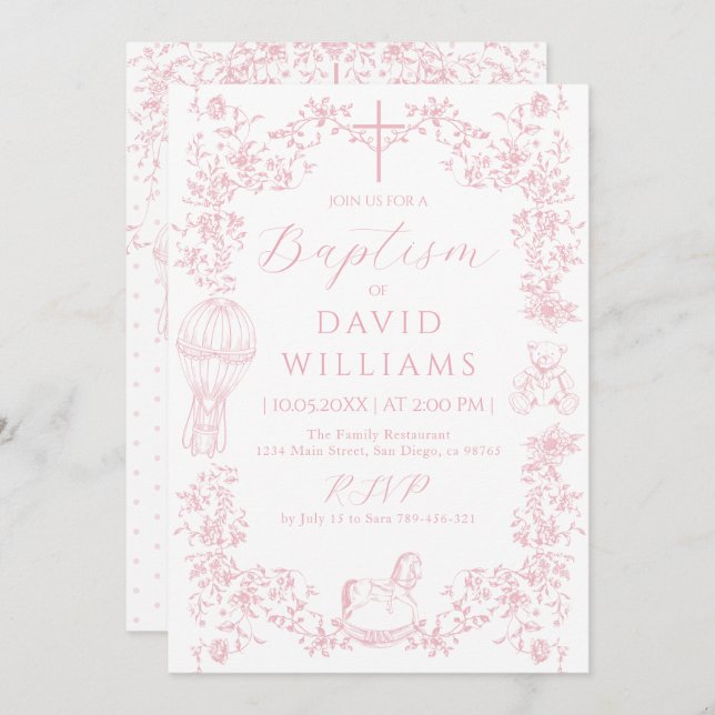 Pink Toile Girl Baptism Elegant Digital Invitation (Front/Back)