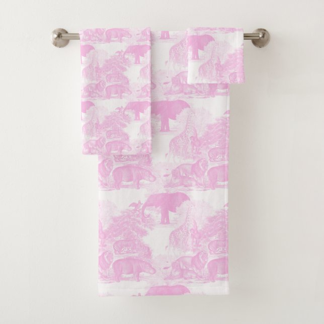 Pink Toile Jungle Animals Safari Chinoiserie Girl Bath Towel Set (Insitu)