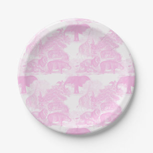 Pink Toile Jungle Animals Safari Chinoiserie Paper Plate