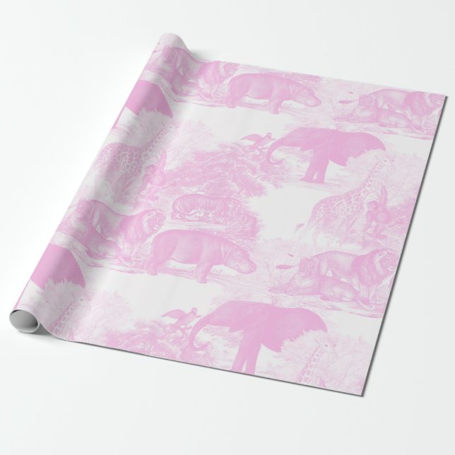 Pink Toile Jungle Animals Safari Chinoiserie Wrapping Paper (Unrolled)