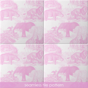 Pink Toile Jungle Animals Safari Seamless Pattern Ceramic Tile