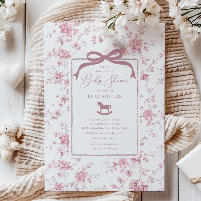 Pink Toile Rocking Horse Baby Shower Invitation (Creator Uploaded)
