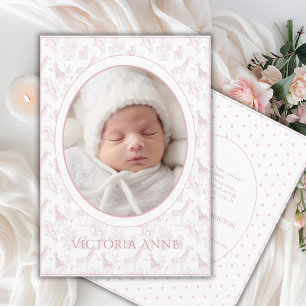 Pink Toile  Safari Animals PhotoBirth Announcement