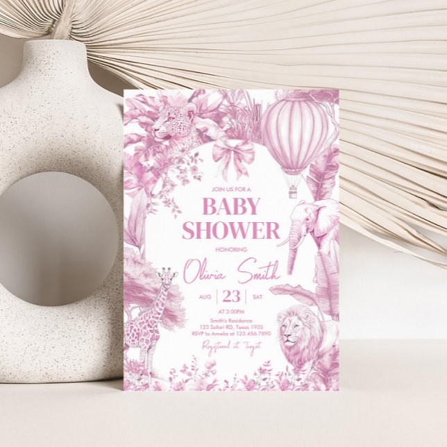 Pink Toile Safari Baby Shower Invitation (Pink Bow Toile Safari Baby Shower Invitation)