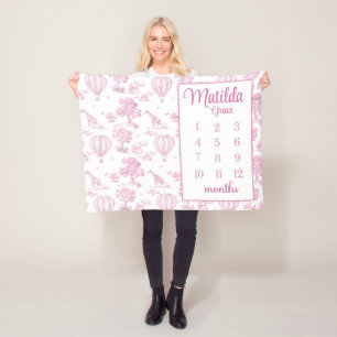 PINK TOILE SAFARI Milestone Blanket, Baby Girl Saf Fleece Blanket