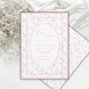 Pink Toile Safari Vintage Baby Shower Invitation