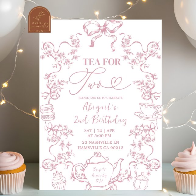 Pink Toile Tea for Two 2nd Birthday Invitation (Creator Uploaded)