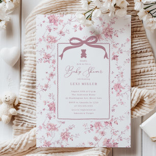 Pink Toile Teddy Bear Baby Shower Invitation