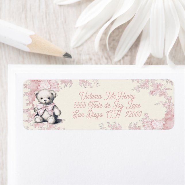 Pink Toile Teddy Bear Baby Shower Return Address Label (Insitu)