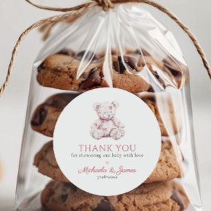 Pink Toile Teddy Bear Girl Baby Shower Favour Classic Round Sticker
