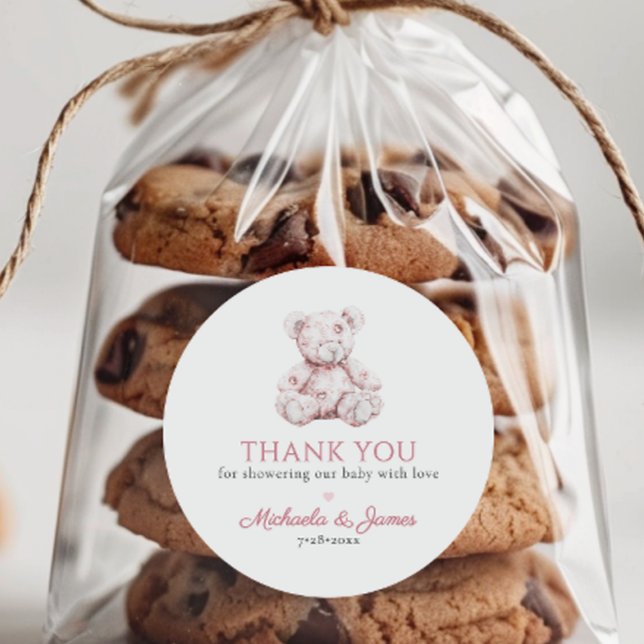 Pink Toile Teddy Bear Girl Baby Shower Favour Classic Round Sticker (Creator Uploaded)