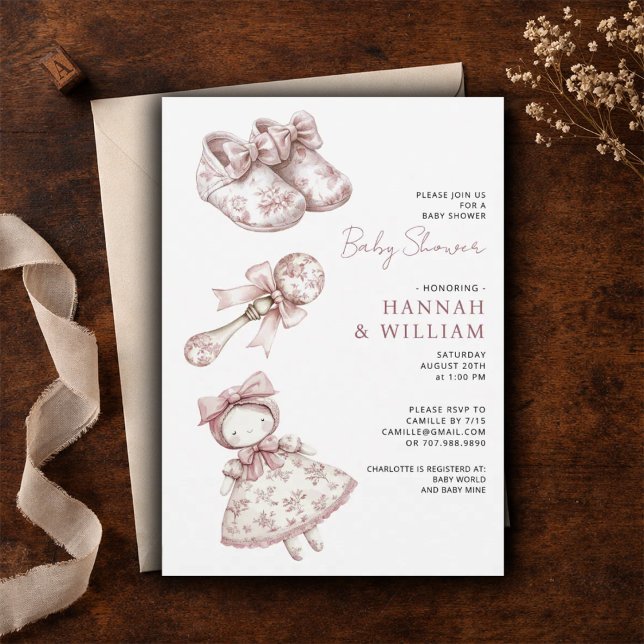 Pink Toile Vintage Nursery Girl Baby Shower Invitation (Creator Uploaded)