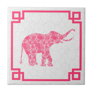 Pink Tones Cute Retro Floral Elephant 2 With Frame Tile