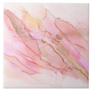 Pink Tones in Clouds of Ink With Gold Ceramic Tile