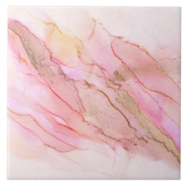 Pink Tones in Clouds of Ink With Gold Ceramic Tile (Front)