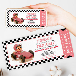 Pink Too Fast Racing Car Ticket Birthday Invitation