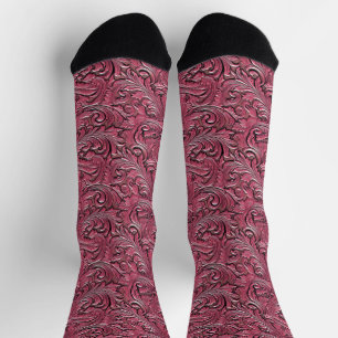 Pink tooled embossed leather floral cowgirl socks