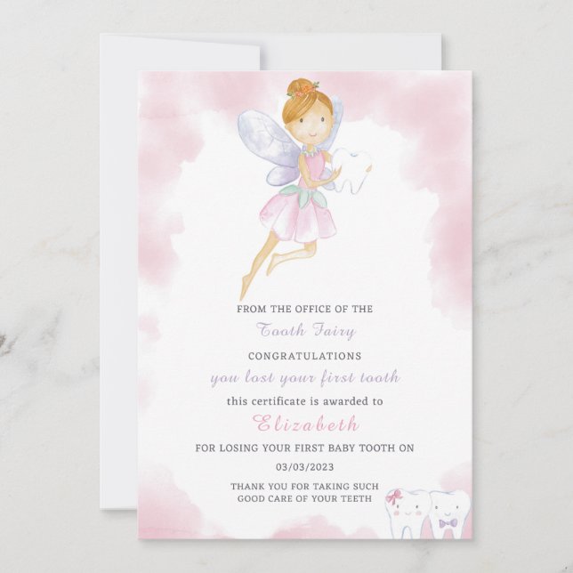Pink Tooth Fairy Letter Invitation (Front)