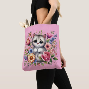 Pink Tote Bag with Cute Cat and Floral Watercolor