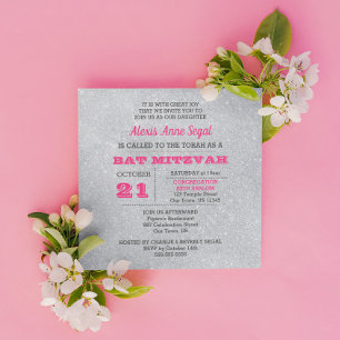 Pink Tourmaline and Silver Glitter Bat Mitzvah Invitation
