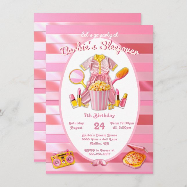 Pink toy doll Sleepover Slumber Birthday Party Invitation (Front/Back)