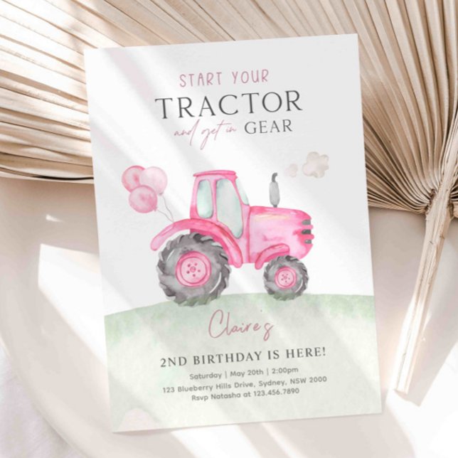 Pink Tractor & Balloons Birthday Party Invitation (Creator Uploaded)