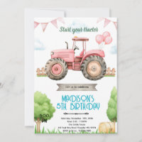 Pink tractor birthday party invitation