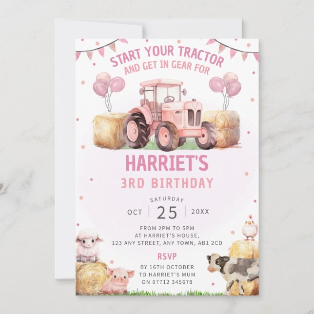 Pink Tractor Birthday Party Invitation Farm Theme (Front)