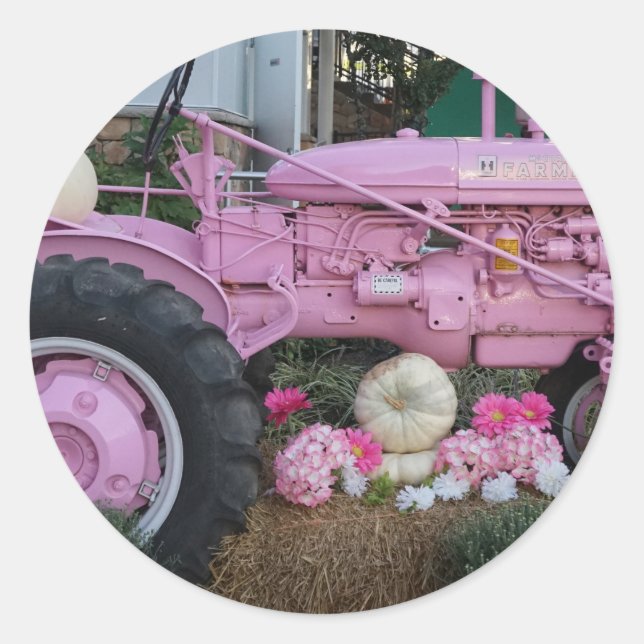 Pink Tractor Classic Round Sticker (Front)