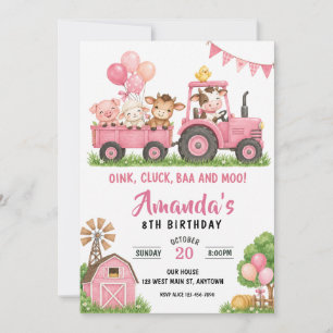 Pink Tractor Farm Animals Barnyard Birthday Invitation