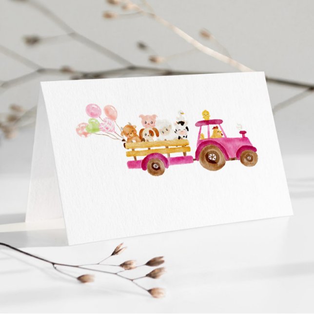 Pink tractor farm animals girl birthday food label place card (Creator Uploaded)