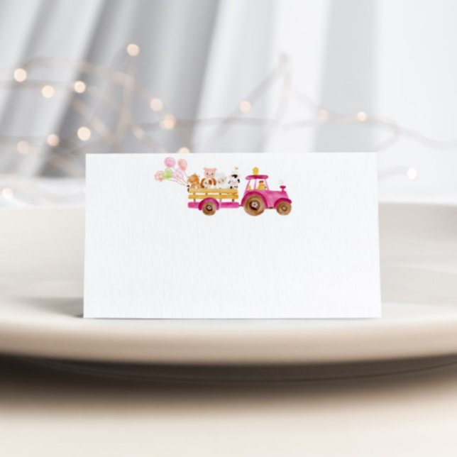 Pink tractor farm animals girl birthday place card (Creator Uploaded)