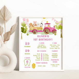 Pink tractor farm animals infographic Milestone Poster