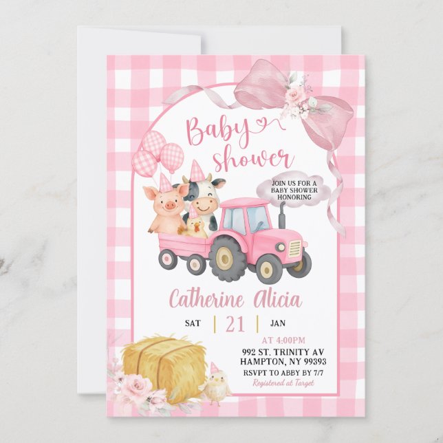 Pink Tractor Gingham Coquette Farm Baby Shower Invitation (Front)