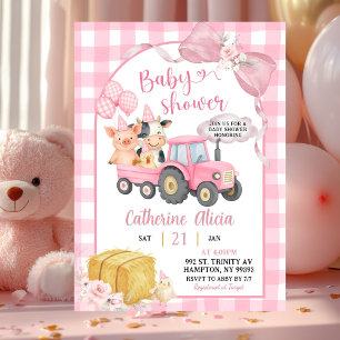 Pink Tractor Gingham Coquette Farm Baby Shower Invitation