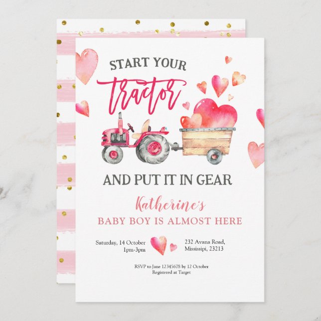 Pink Tractor Girl Baby Shower Invitation (Front/Back)