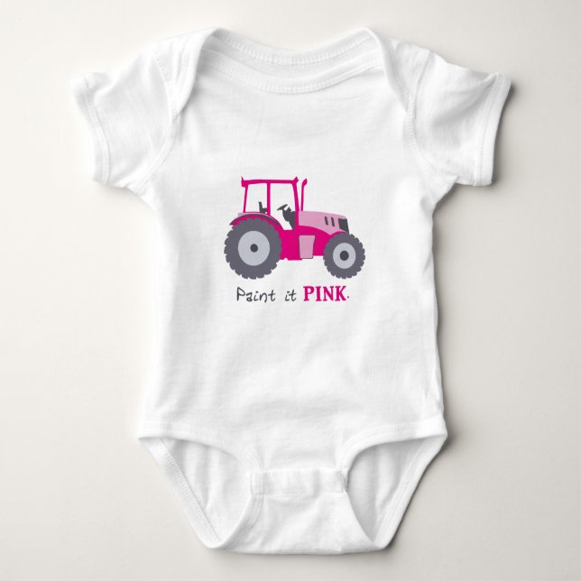 Pink tractor illustration paint it pink! baby bodysuit (Front)