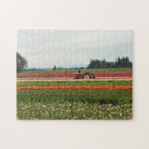 Pink Tractor in Tulip Field Jigsaw Puzzle