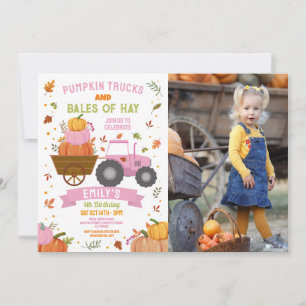 Pink Tractors Pumpkin Birthday Harvest Party Photo Invitation
