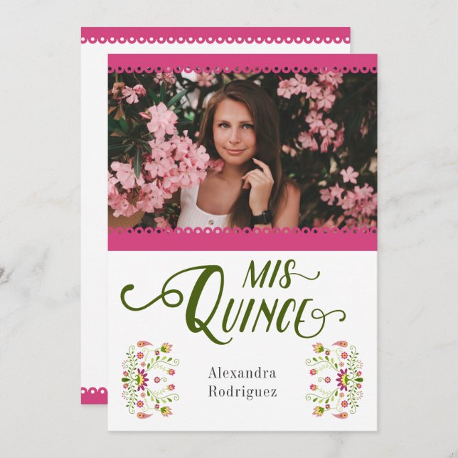 Pink Traditional Mexican Floral Photo Quinceanera Invitation (Front/Back)