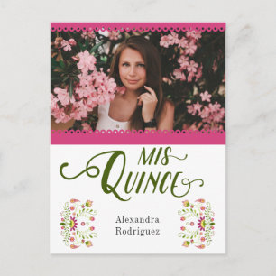 Pink Traditional Mexican Floral Photo Quinceanera Invitation Postcard