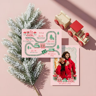 Pink Train Christmas Tree Delivery Photo Year End Holiday Card