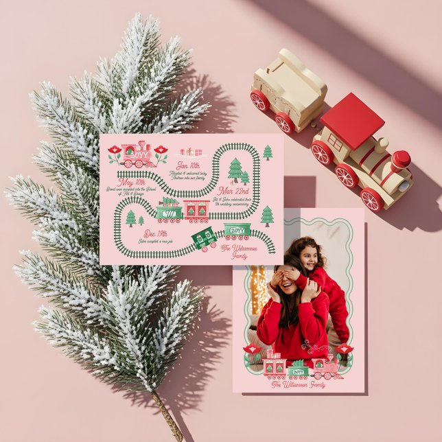 Pink Train Christmas Tree Delivery Photo Year End Holiday Card (Pink Train Christmas Tree Delivery Photo Year End Holiday Card)
