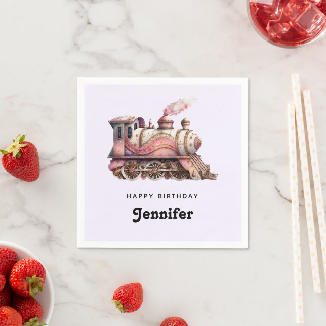 Pink Train Engine Vintage Steampunk Birthday Napkin (Insitu)