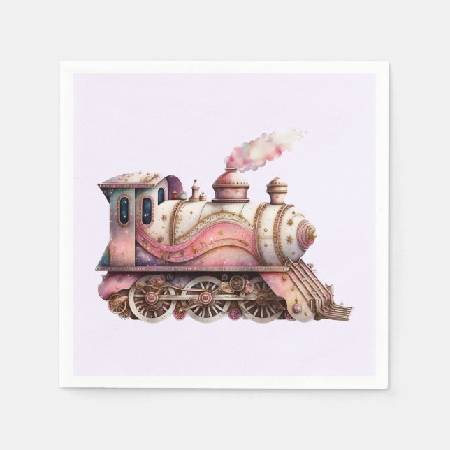 Pink Train Engine Vintage Steampunk Napkin (Front)