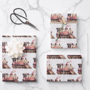 Pink Train Engine Vintage Steampunk Pattern Wrapping Paper Sheet